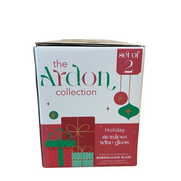 Set of 2 Holiday Stemless Wine Glasses with Red & White Gift Box Inside NEW - Picture 4 of 10
